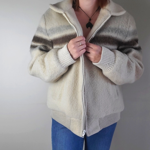 Vintage wool blend zip up striped oversized bomber jacket sherpa lined - Picture 5 of 14